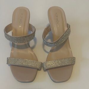 TOP Moda Beige Nude Rhinestone Double-Strap Slide Mules Sandals Comfy Shoes 6.5